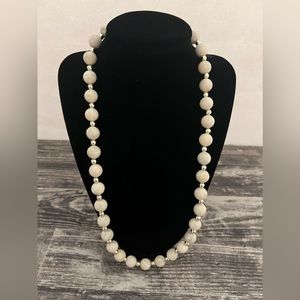 Acrylic Beaded Necklace White Marbled and Silver